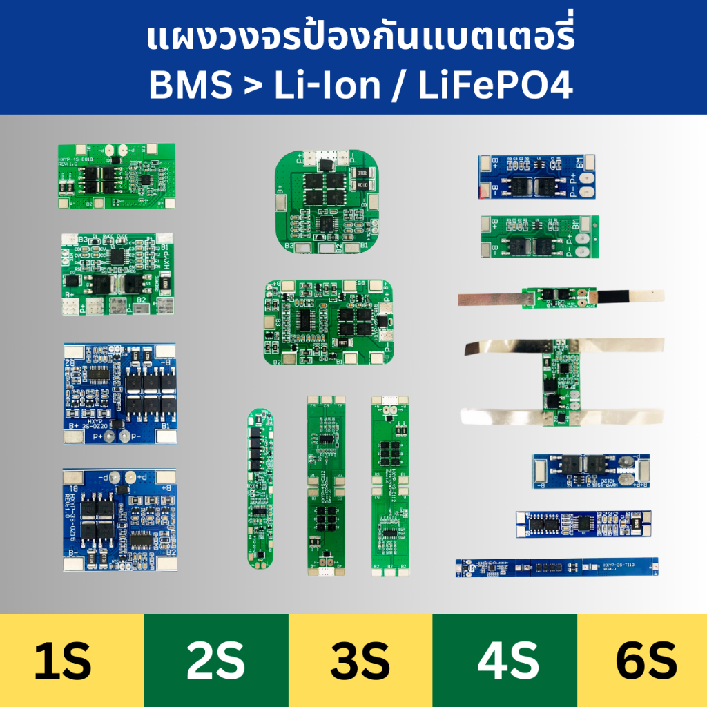 แผงวงจรป้องกันแบตเตอรี่BMS Li-Ion/LiFePo4 1S 2S 3S 4S 6S สำหรับแบตเตอรี่ 3.2V/3.7V/6.4V/7.4V/11.1V/1