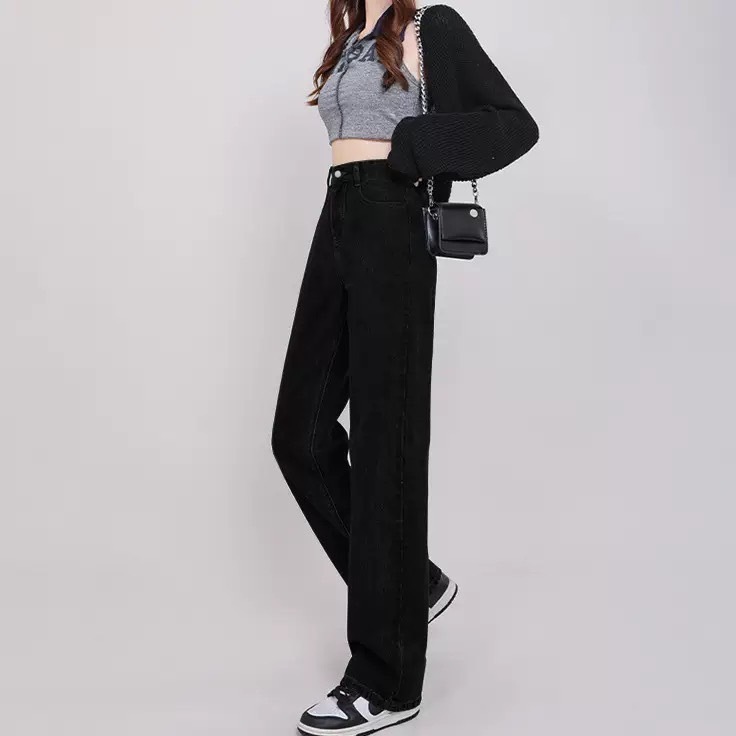 S-5XLกางเกงยีนส์ขายาวทรงกระบอก เอวสูง สีพื้น นื้อผ้ายีนส์ไม่ยืด - รูปที่ 3