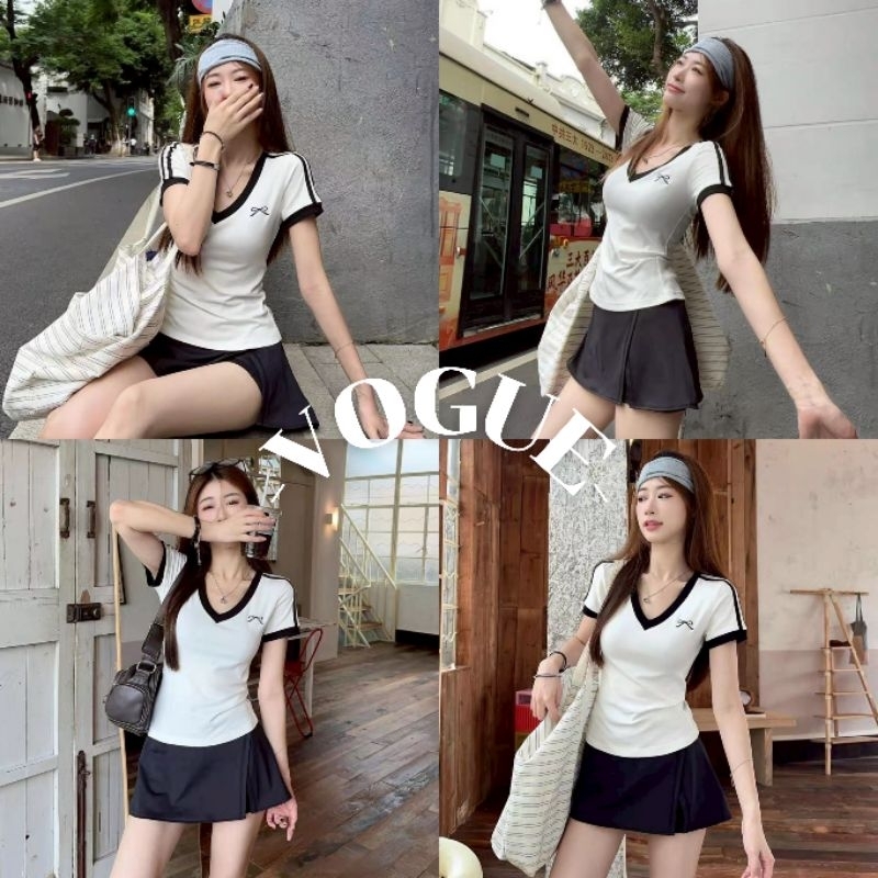 Vogue🌟พร้อมส่ง🌟 เสื้อยืดไหมพรม คอวี แขนสั้น เรียบๆ ใส่สบาย (Y6821)