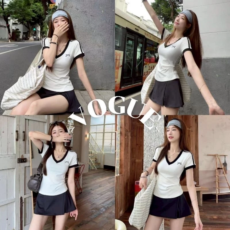 Vogue🌟พร้อมส่ง🌟 เสื้อยืดไหมพรม คอวี แขนสั้น เรียบๆ ใส่สบาย (Y6821)