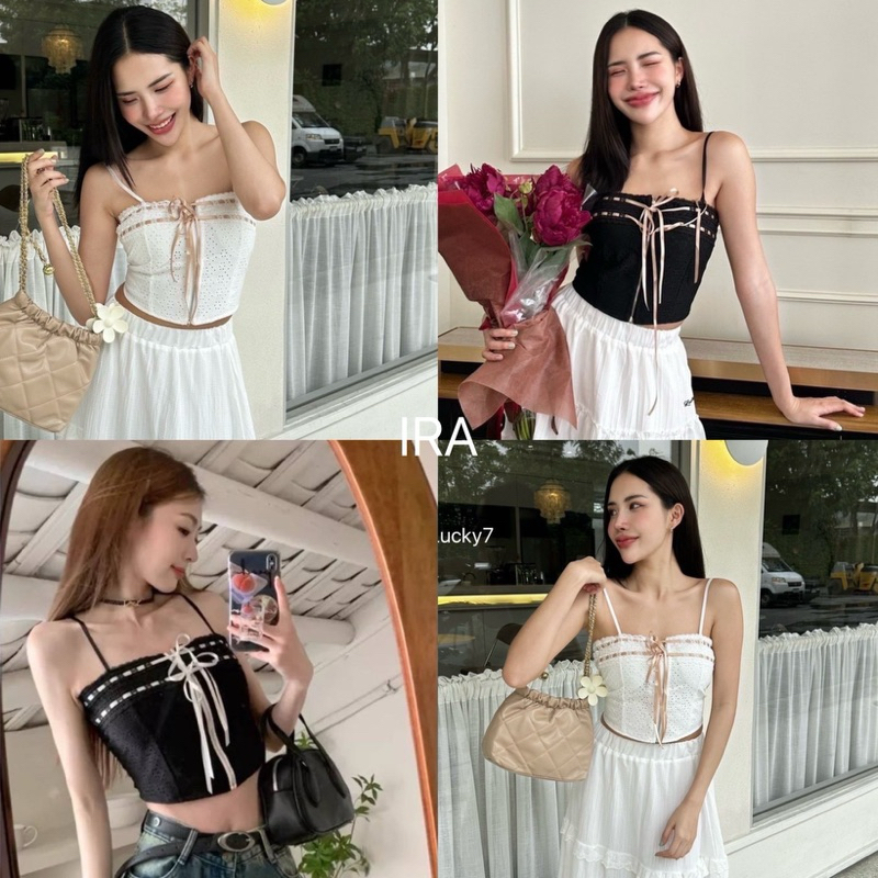 BY IRA (2251) Ribbon TOP เสื้อสายเดี่ยวแต่งลูกไม้น่ารัก ถักเชือกหน้า เสริมฟองน้ำ