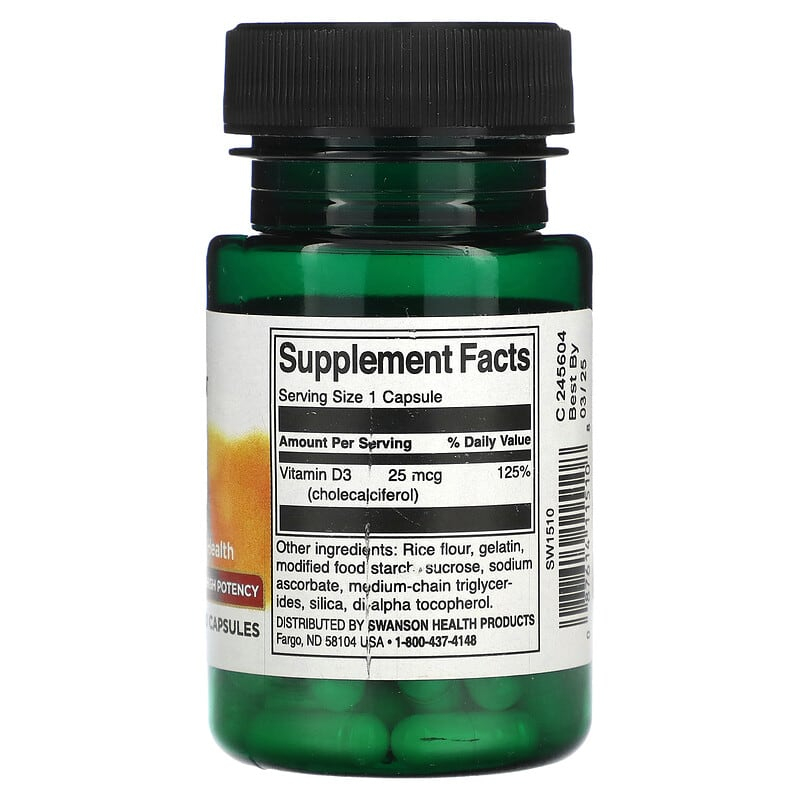Swanson, Vitamin D3, High Potency, 25 mcg (1,000 IU), 60 Capsules ราคา ถูกที่สุด ดีลบีเคเค แกลเลอรีภาพที่ 3