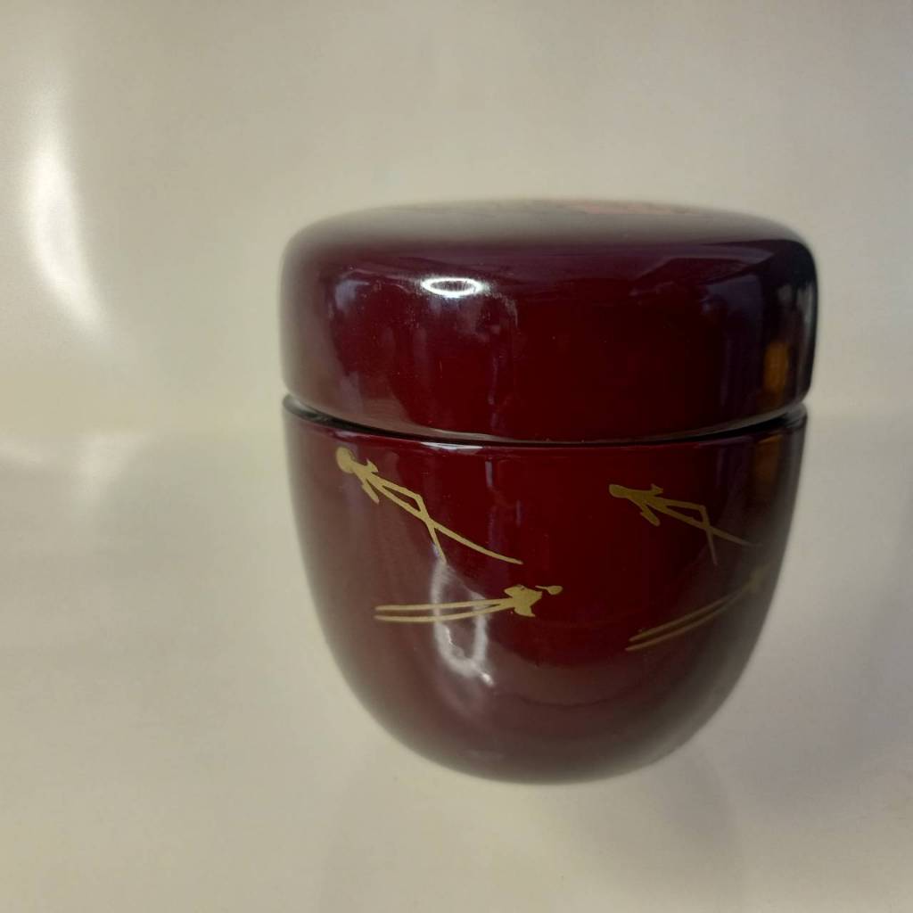 "Japanese Wajima Lacquer Natsume Tea Caddy - Ayaka Tateno Fan Design V-7160 (Authentic Urushi Craft)