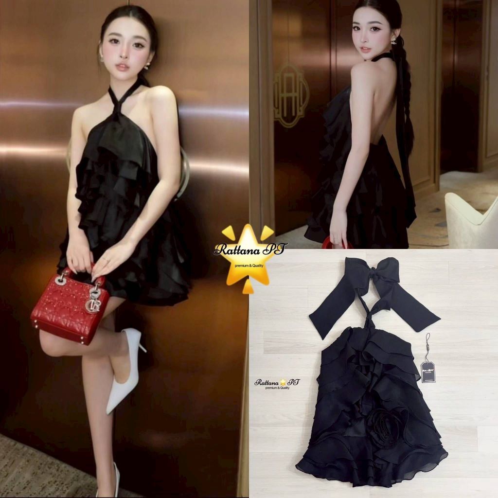 Rattana PT BRAND RTN221 ชุดเดรสระบายชั้นๆแต่งดอกไม้ ผูกคอเป็นโบว์ด้านหลัง