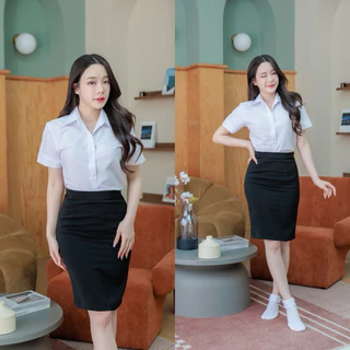 เสื้อนักศึกษาหญิงทรงเข้ารูป แบบหลังสามเหลี่ยม หลังว่าง สาบหลัง (สีขาวนวล ขาวสว่าง ขาวโอโม่)SZ.32-48”