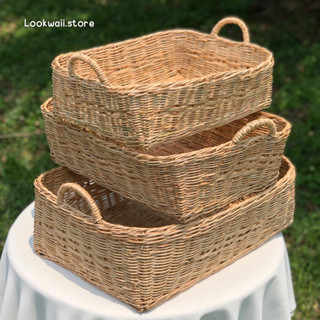 ตะกร้าหวายสี่เหลี่ยมผืนผ้ามีหูจับ ใส่เสื้อผ้า !เคลือบเงากันเ…