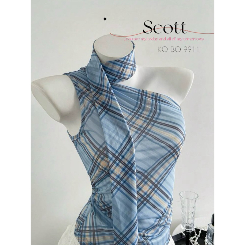 Scott 🩵 เสื้อลายสก็อต เสื้อเกาะอกมีผ้าพันคอ ผ้าสีฟ้า 🩵 พร้อมส่งจากไทย 🇹🇭