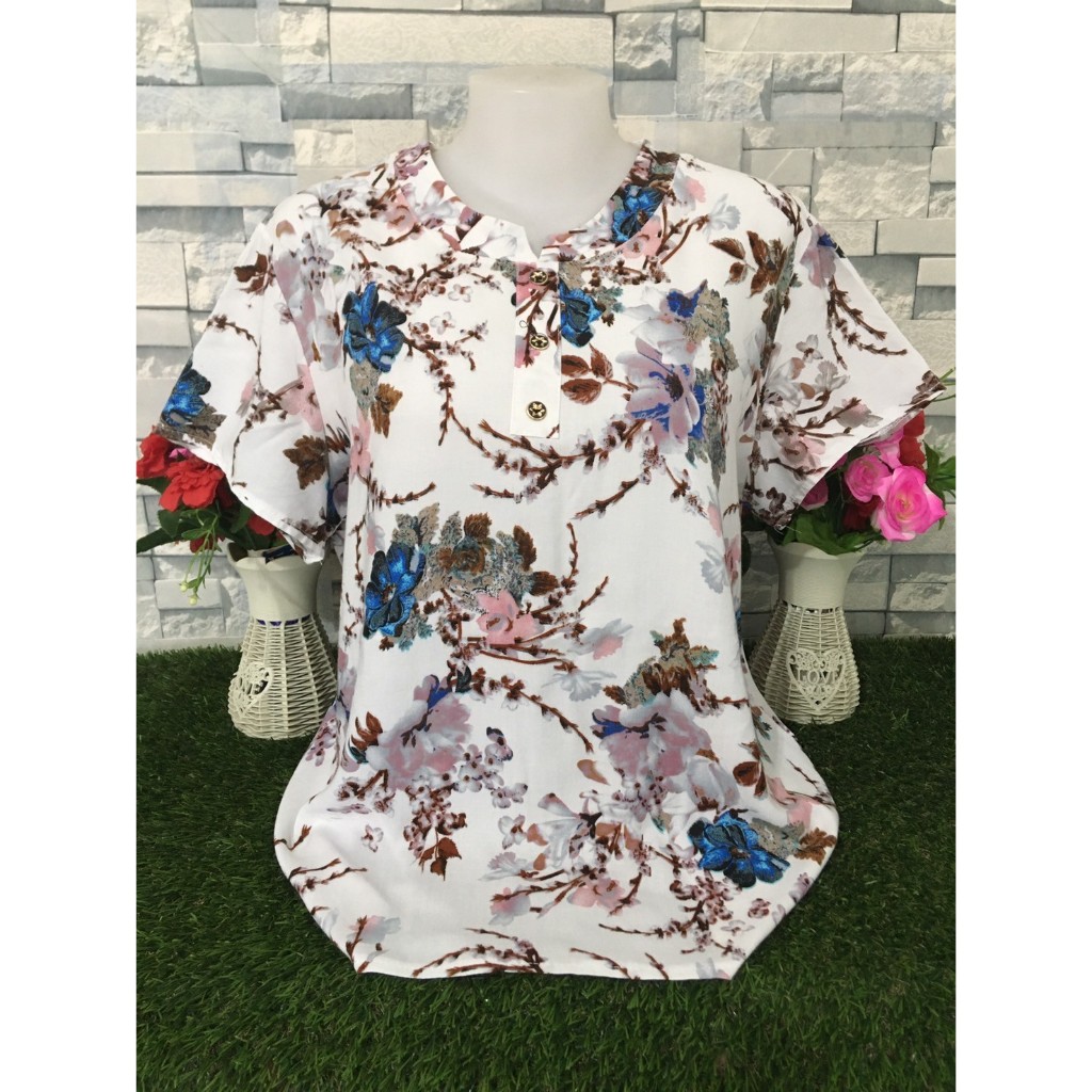 เสื้อผ้าสปัน เสื้อวัยกลางคน เสื้อสงกรานต์ลายดอก รอบอก 32-44 นิ้ว รุ่น1009