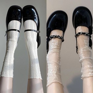 ถุงเท้าผู้หญิง jk จากญี่ปุ่น ถุงเท้าลูกไม้ลายดอกไม้ สีทึบ สไ…