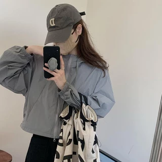 🧥แจ็คเก็ตสั้นผู้หญิง สีทึบ ดีไซน์หรู เนื้อบางเบา ดรอว์สตริง ปรับเอวได้ ใส่ได้ทุกวัน กันลม ราคาถูก M L【SY】