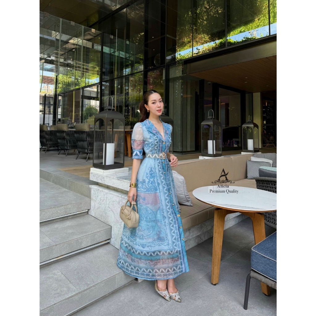 ALICIA BRAND ALC011 ชุดเดรสยาวพิมพ์ลายคอปกสูท มาพร้อม เข็มขัด