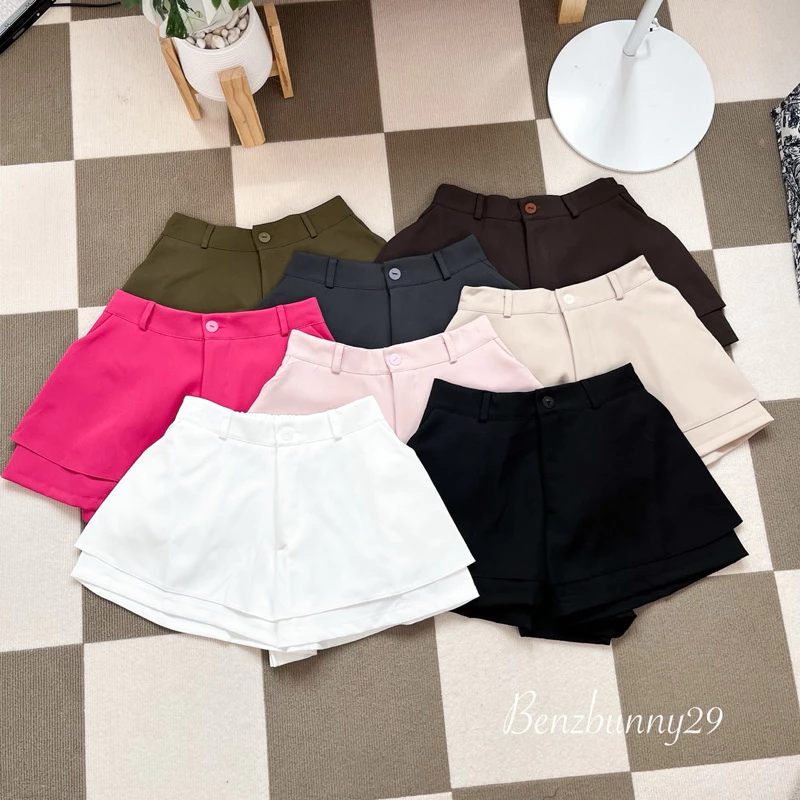กางเกงขาสั้นระบาย 2 ชั้น เอวสูง ผ้าหนา พรางหุ่น เอว 32-40“ Benzbunny29 #1037