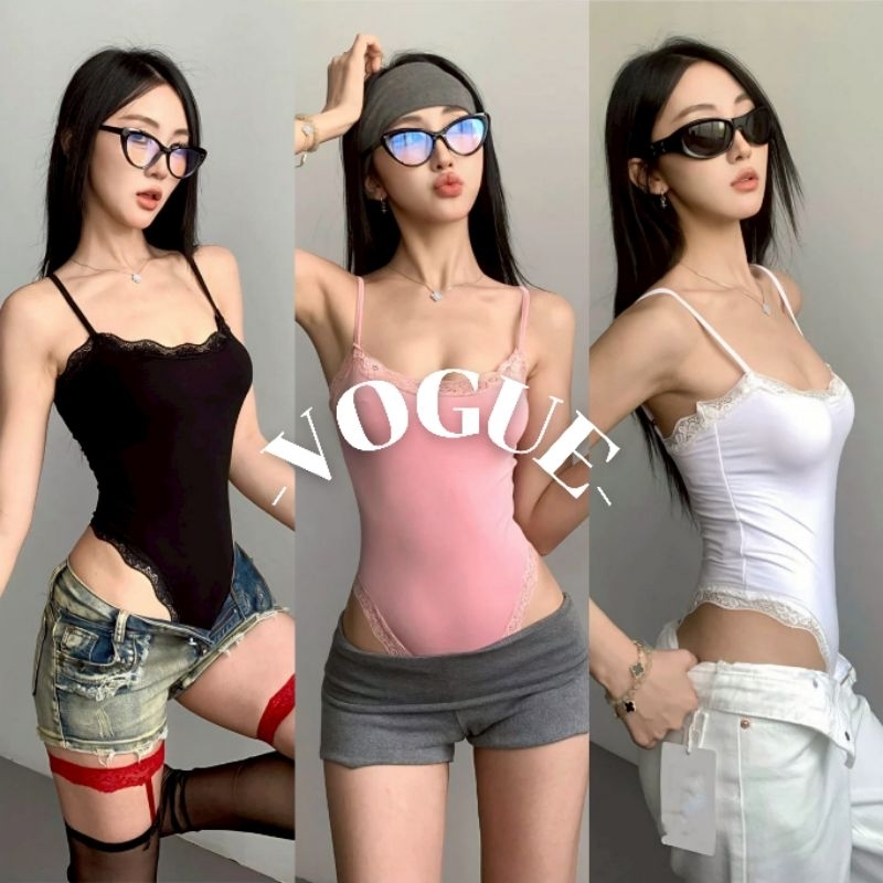 Vogue🌟พร้อมส่ง🌟 ชุดบอดี้สูท แต่งขอบลูกไม้ ยืดพอดี ทรงรัดตัว สีน่ารัก (FY9333)