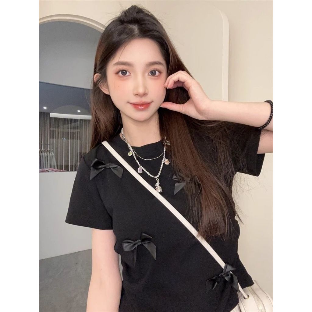 เสื้อยืดผู้หญิง แขนสั้นผูกโบว์ คอกลม ทรงเข้ารูป น่ารัก รูปที่ 2