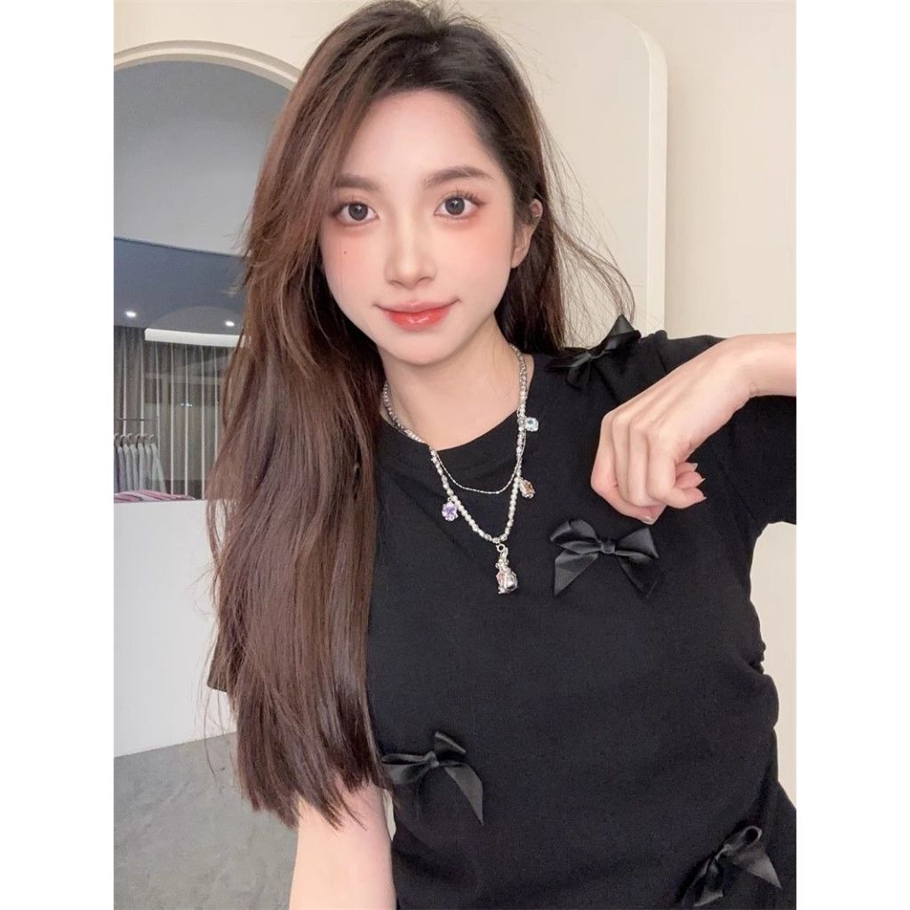 เสื้อยืดผู้หญิง แขนสั้นผูกโบว์ คอกลม ทรงเข้ารูป น่ารัก รูปที่ 6