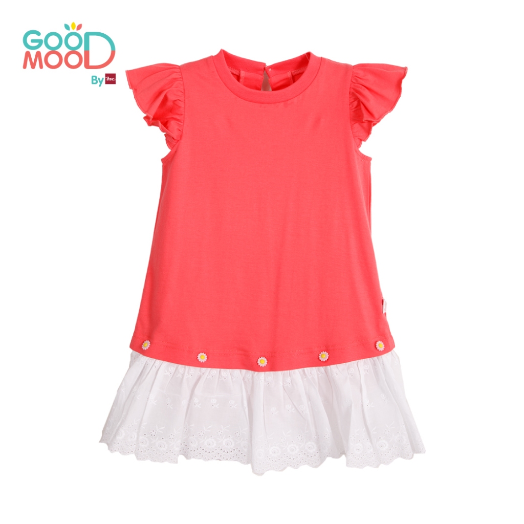 Good Mood by bsc เสื้อยืดแขนระบาย สีชมพูเข้ม+ชายกระโปรงลูกไม้ สีขาว สำหรับเด็กอายุ 2-3 ปี ผ้าคอตตอน