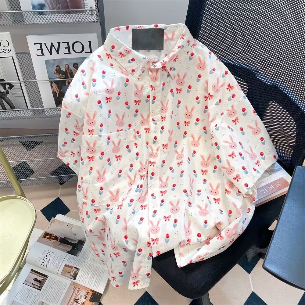 🧡Crush🧡 เสื้อเชิ้ต แขนสั้น ผ้าฝ้ายและป่าน รุ่นบาง การพิมพ์แฟชั่น Oversize เวอร์ชั่นเกาหลี