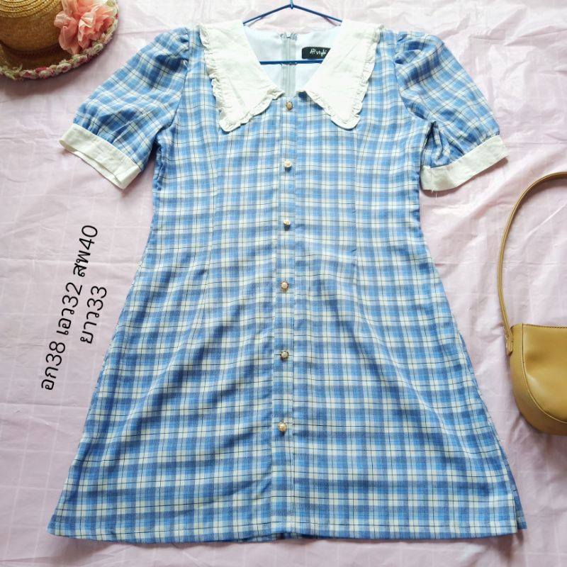 AP STYLE เดรสสีฟ้าลายสก๊อต คอบัวขาวผ้าลินิน size XL