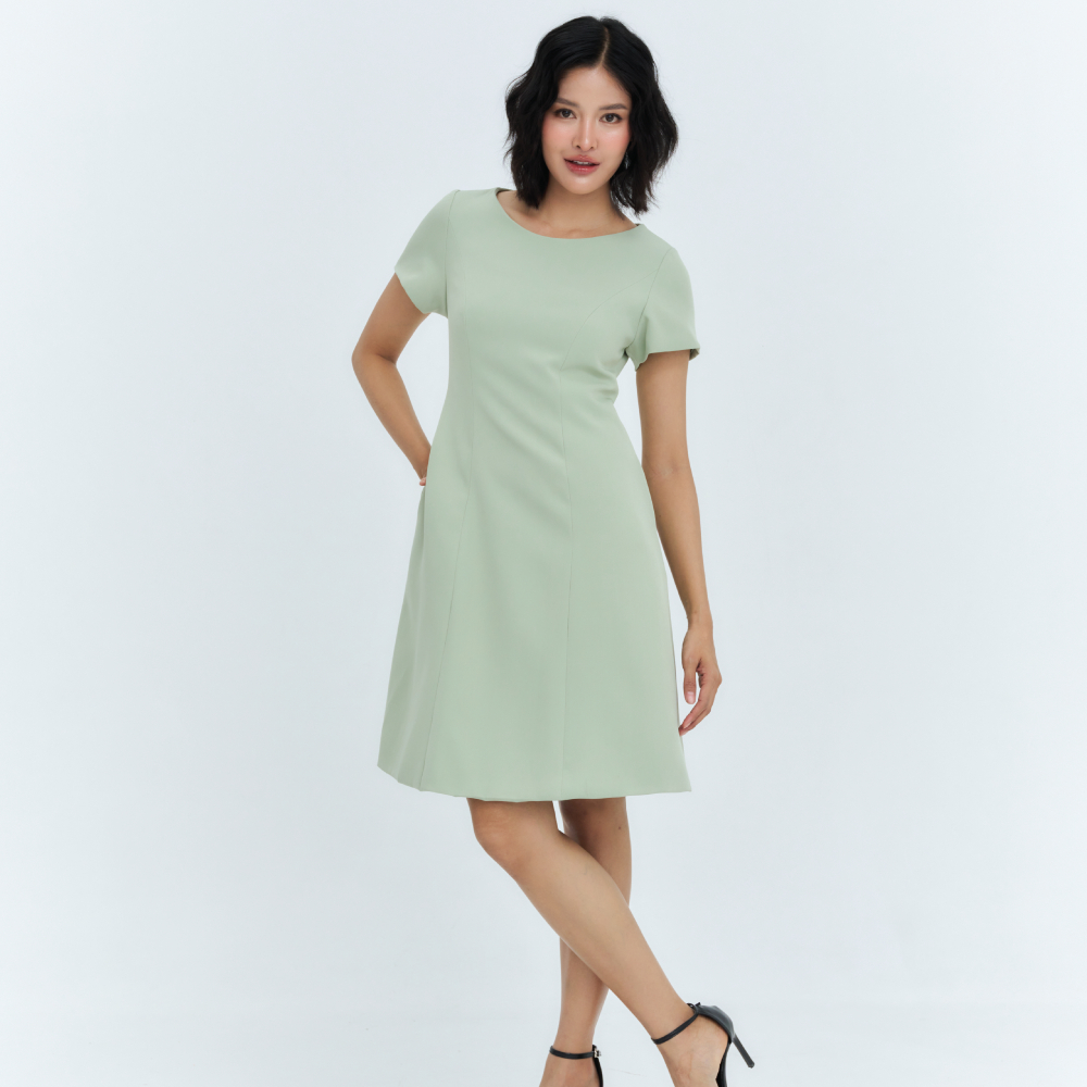 Miss Office (Best Seller) เดรสมีแขนคอกลมแต่งกระเป๋าข้าง (MD-004)