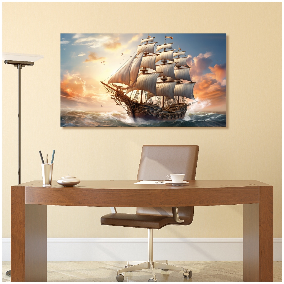 ภาพเรือสำเภา เสริมมงคล พิมพ์แคนวาส กรอบลอย ขนาด 90x50 Cm.