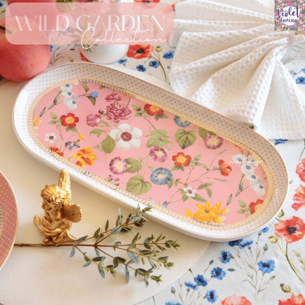 Violet Flamingo - Wild Garden จานวงรี 13 นิ้ว ลายดอกไม้หวานละมุน จานขนม ถาดขนม วัสดุ New Bone China พร้อมกล่อง