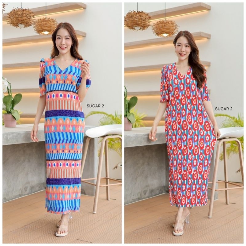 📌เดรสคอวีแขนตุ๊กตาผ้า:อัดพลีทเนื้อผ้าพลีทสวย ใส่สบายยืดได้เยอะ ฟรีไซส์ อก36-56 นิ้ว ยาว50 นิ้ว