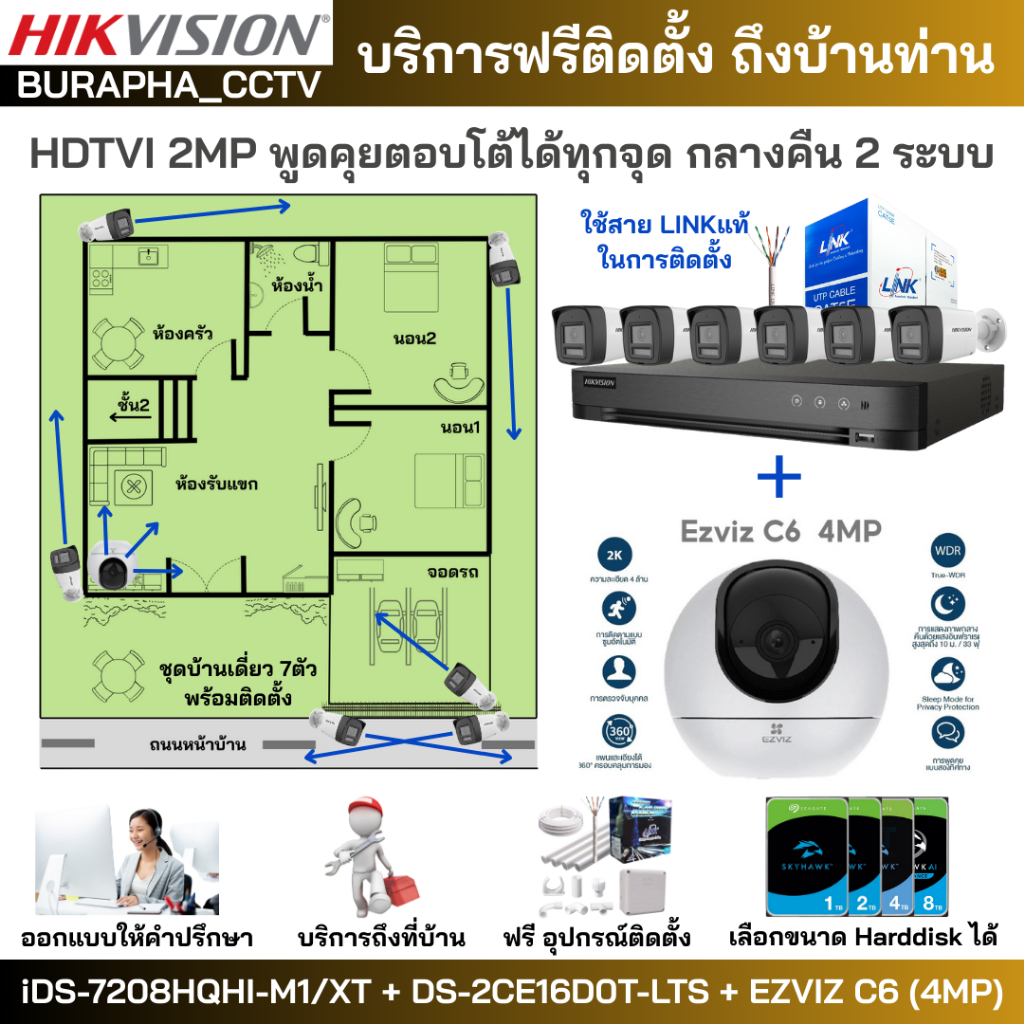 [ฟรีติดตั้ง] ชุด7ตัว HIKVISION 2MP Two-Way Talk iDS-7208HQHI-M1/XT + DS-2CE16D0T-LFS + EZVIZ C6[4MP]