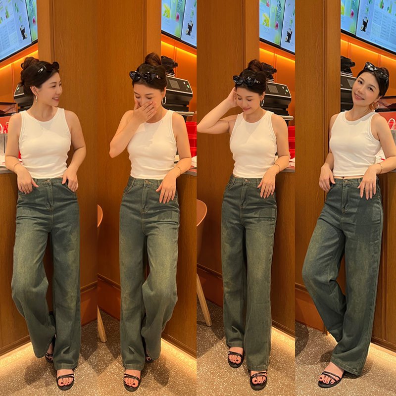 🖤919JEANS🖤เอวสูงสีสนิม กางเกงยีนส์ผู้หญิง กางเกงยีนส์ขากระบอกใหญ่ ผ้าไม่ยืด สะโพกปล่อยต้นขากว้าง