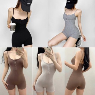 ชุดฟิตเนส บอดี้สูท สายเดี่ยว กระดุมหน้าจริง ผ้าร่อง ชุดออกกำ…