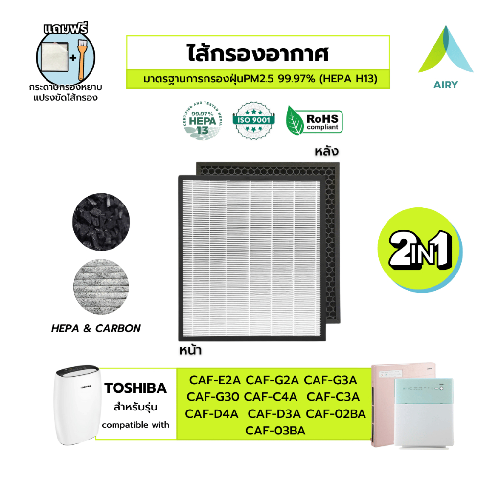 (H13 เกรดแพทย์) AIRY ไส้กรองอากาศ Toshiba CAF-E2A ไส้กรอง ฝุ่นPM2.5 กลิ่นเหม็น ควัน ไวรัส แบคทีเรีย