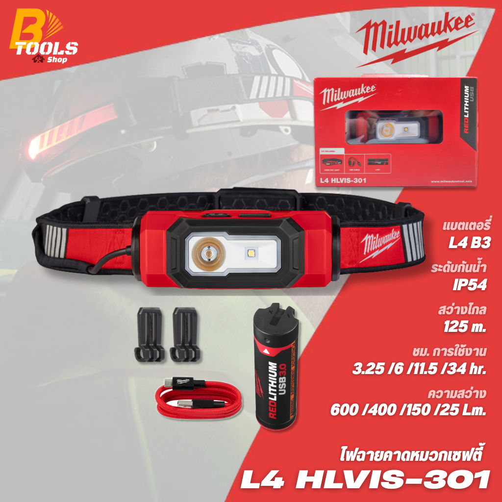 MILWAUKEE ไฟฉายคาดหมวกเซฟตี้ รุ่น L4 HLVIS-301 และ L4 HLVIS-201