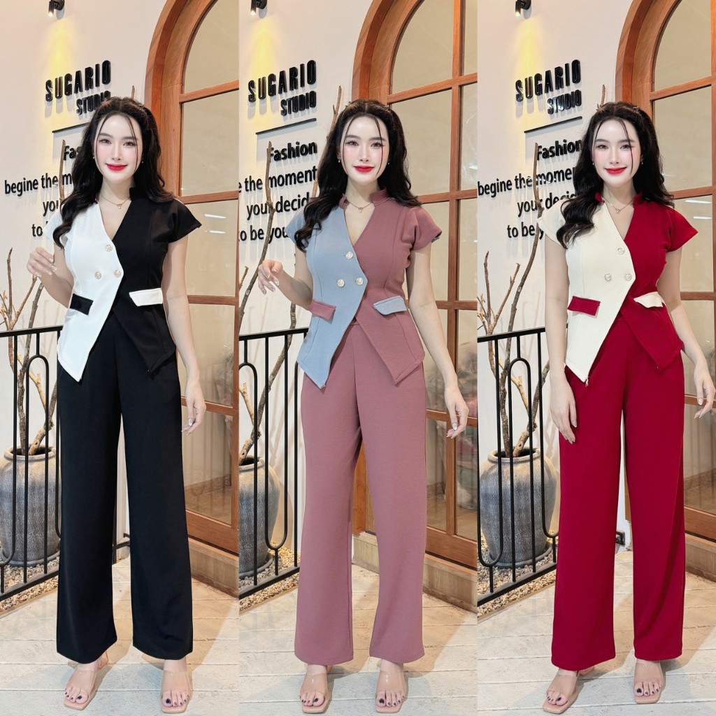 ชุดเซตยาวทรูโทนผ้าวูลเวฟ เสื้อทรงสูทกระดุมมุกหน้าแต่งกระเป๋าหน้า+กางเกงเอวเรียบสม๊อคหลังมีกระเป๋า  A6619