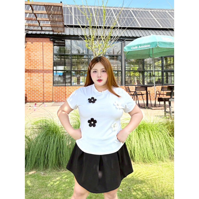 ย 206 เสื้อยืดคอกลมสาวอวบทรงสวย เย็บแต่งอะไหล่ดอกไม้ ผ้ายูนิโคล่ยืดเยอะ XXL - รูปที่ 6