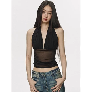 RITA พร้อมส่ง🍒เสื้อคล้องคอ เสื้อครอป เสื้อครอป คอวีลึก เว้าหน้าอกและเปิดหลัง สีพื้น จับจีบเข้ารูป ใส่สบาย สวยดูแพง เซ็กซ