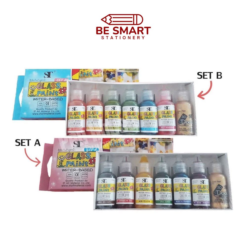 🌹ของแท้🌹สีเพ้นท์แก้ว เพ้นท์กระจก สูตรน้ำ ST Glass paint color/water basedชุดะ 6 สีพร้อม สีร่างเส้นสีทอง ใช้ง่าย แห้งไว