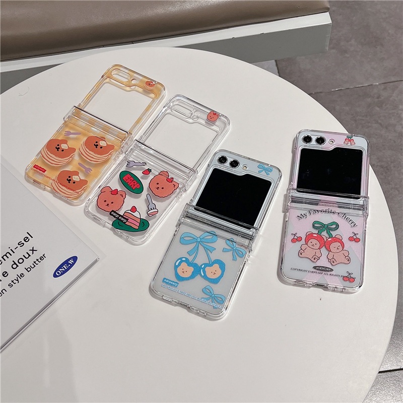 SALE ! เคสฟลิปใสลายน้องหมีบัทเทอร์ เชอรี่โบว์แสนน่ารัก (2027) for Samsung Galaxy Z Flip 6 Z Flip5 Flip4 Flip3