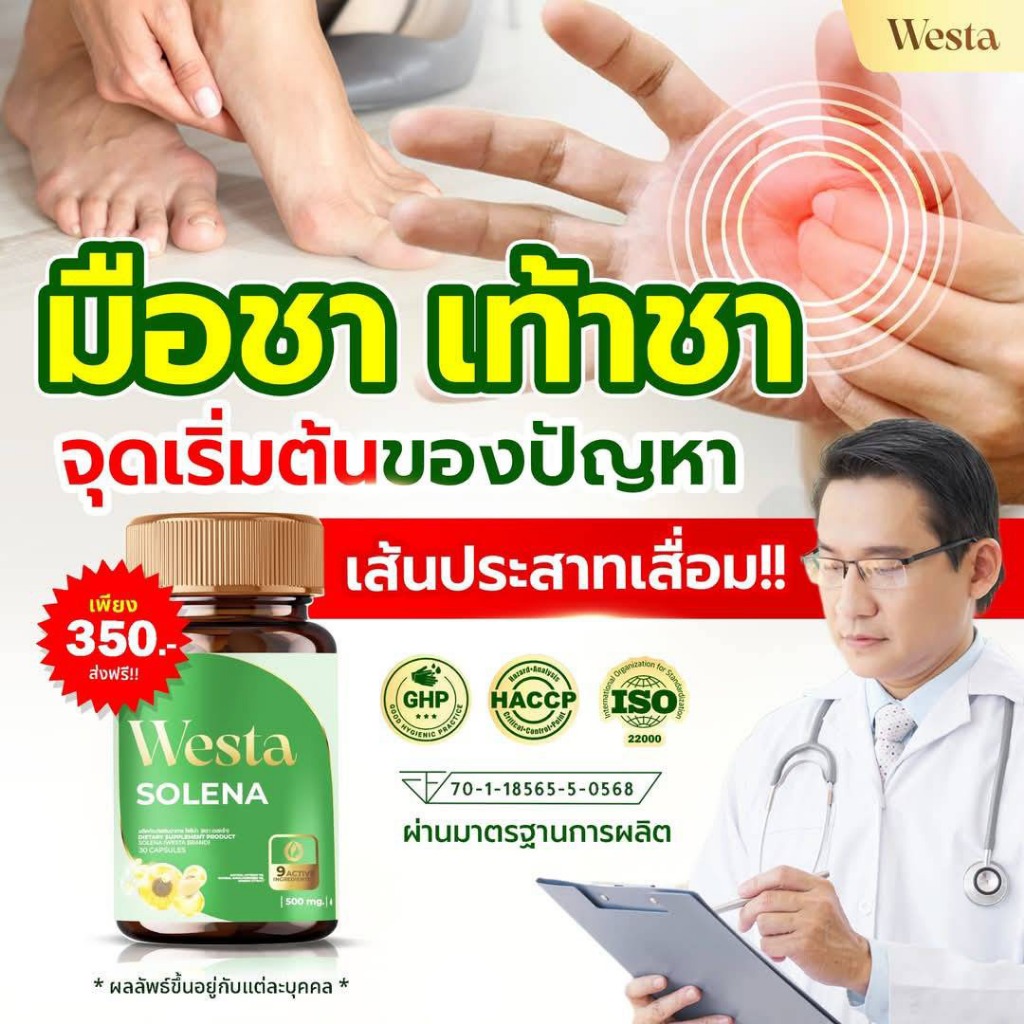 Westa Solena (เวสต้า โซลีน่า) ชามือ ชาเท้า รองช้ำ นิ้วล็อค ปวดข้อ กระดูกเข่า บำรุงเส้นประสาท