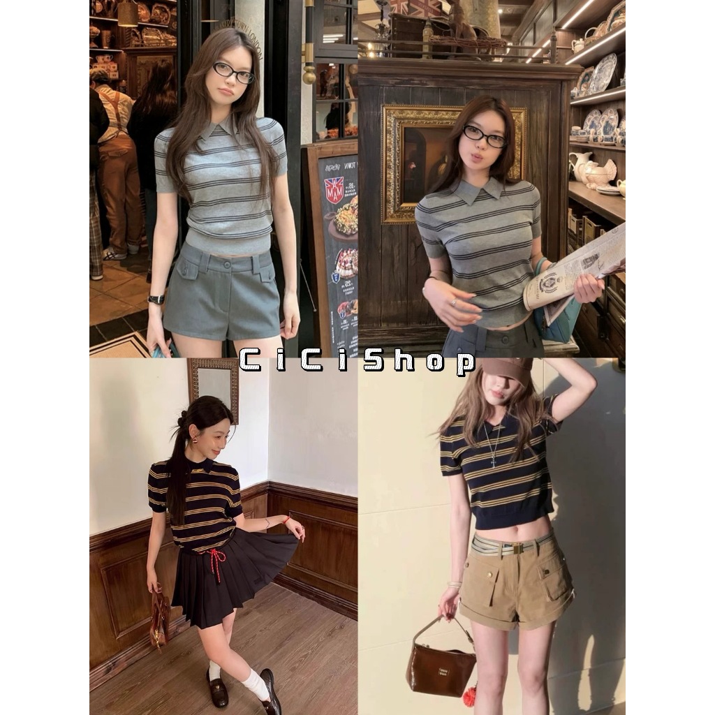 Cicishop (A2733) เสื้อแขนสั้นคอปก ลายทาง จั๊มปลาย เนื้อผ้ายืดหยุ่นได้เยอะ สไตล์สาวเท่