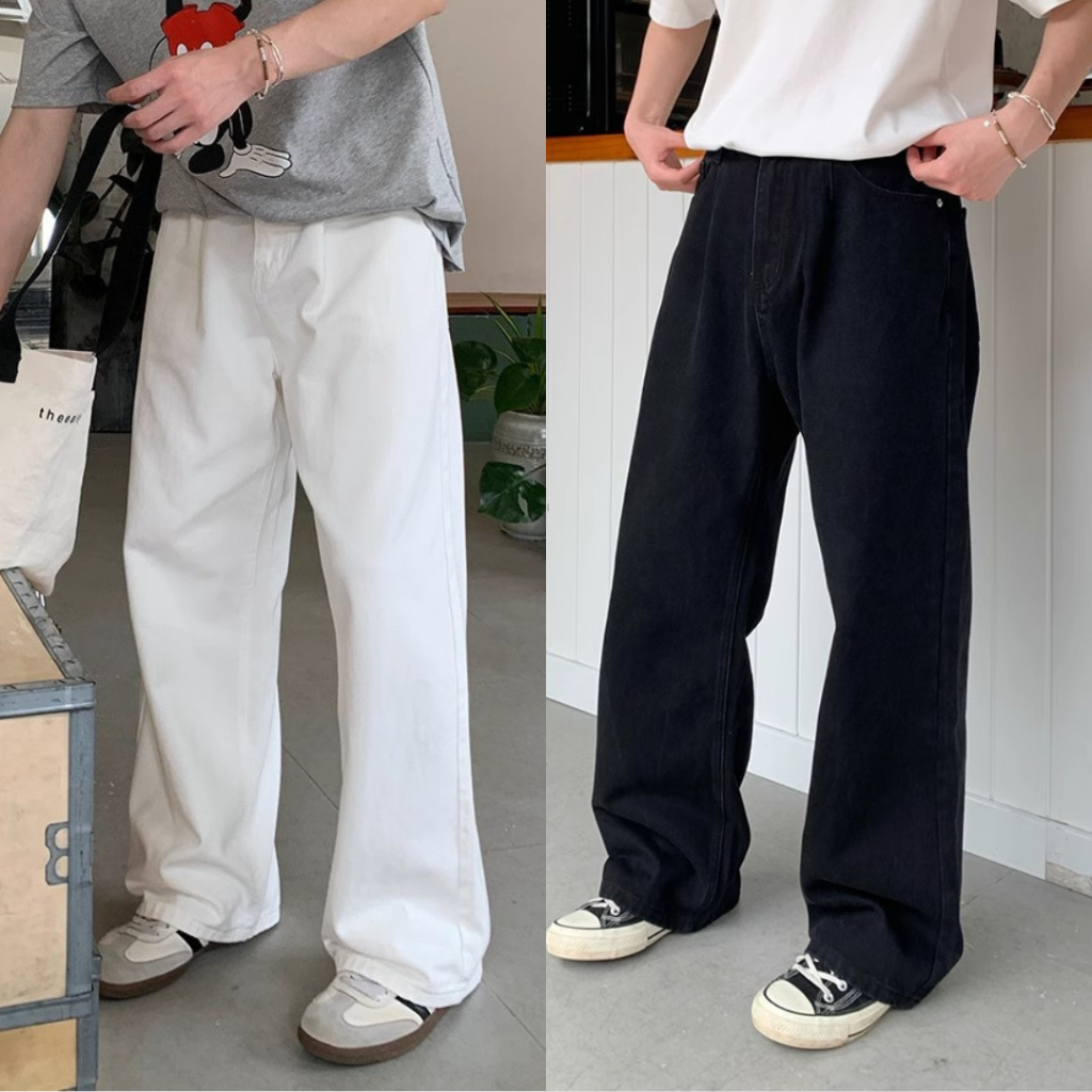 StylePop กางเกงยีนส์ผู้ชาย กางเกงยีนส์ขากระบอกตรง Baggy Jeans (ผ้าหนา ทรงเกาหลี) JL8683 ยีนส์ ขาว ดำ [8683]