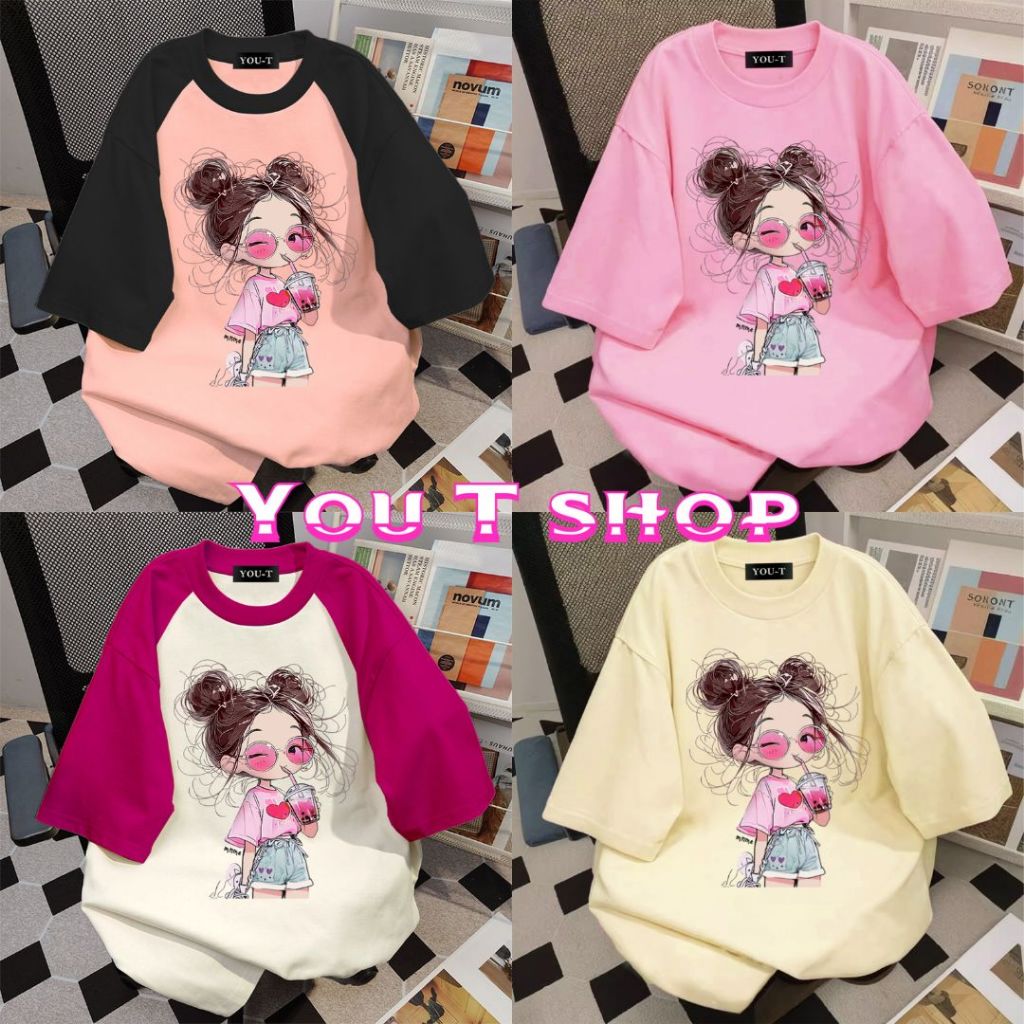 YOU-T🎀เสื้อยืดแขนสั้นแฟชั่น เสื้อยืดคอกลมสีพื้น OVERSIZE พิมพ์ลาย "Girl" ผ้าฝ้าย 100% ผ้านิ่ม สวมใส่สบาย สไตล์เกาหลี