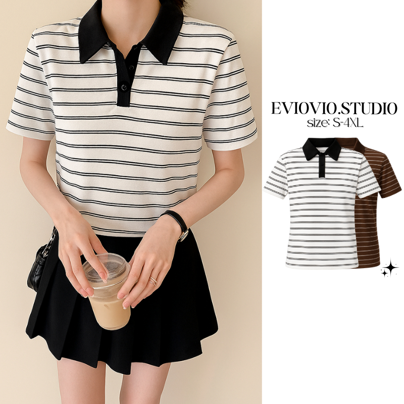 【EVIOVIO】💥S-4XL เสื้อยืดคอปก ลายทาง แขนสั้น สไตล์เกาหลี เสื้อยืดแฟชั่น แมตช์ง่าย เสื้อพลัสไซส์สาวอวบ