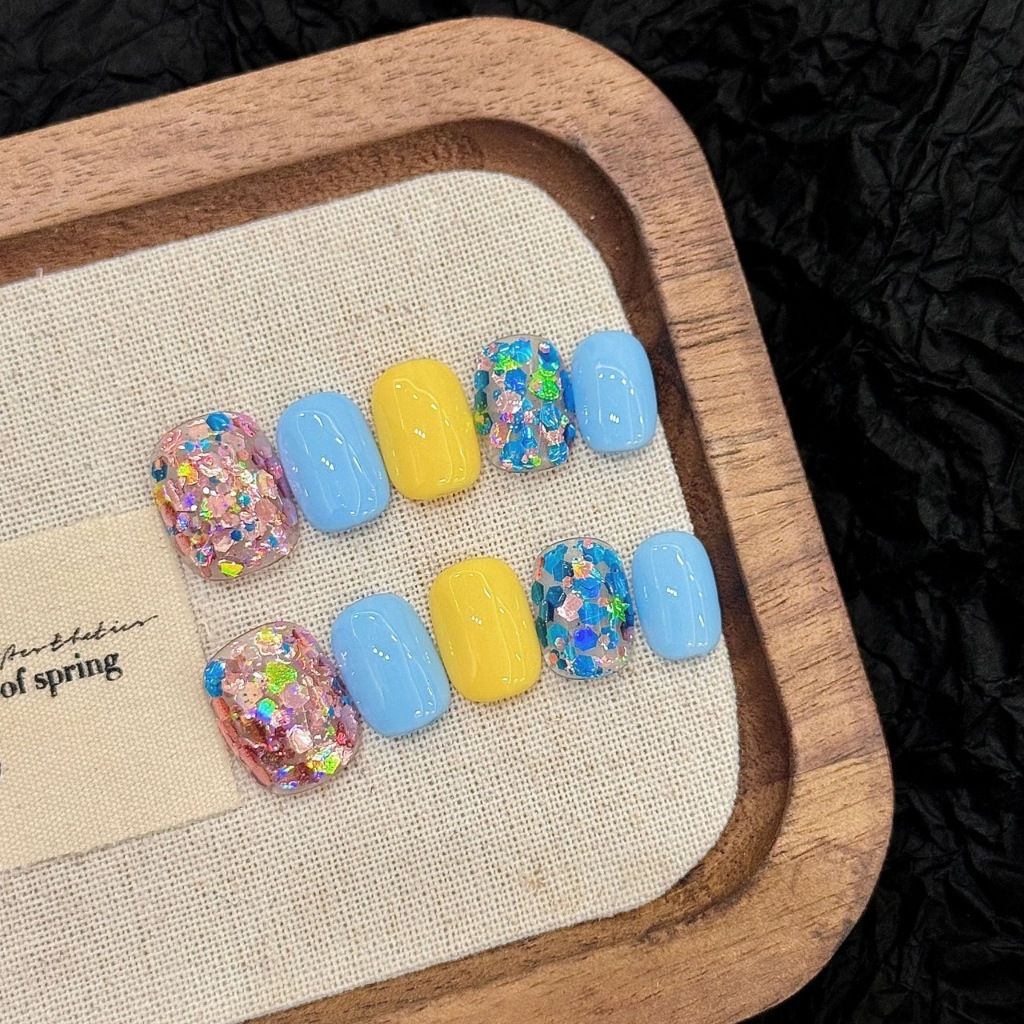 Handmade A191 กดบนเล็บ แฮนด์เมดสไตล์เกาหลีเลื่อมสีเรียบง่ายกระโดดฤดูใบไม้ผลิสไตล์ใหม่ สีสันสดใส