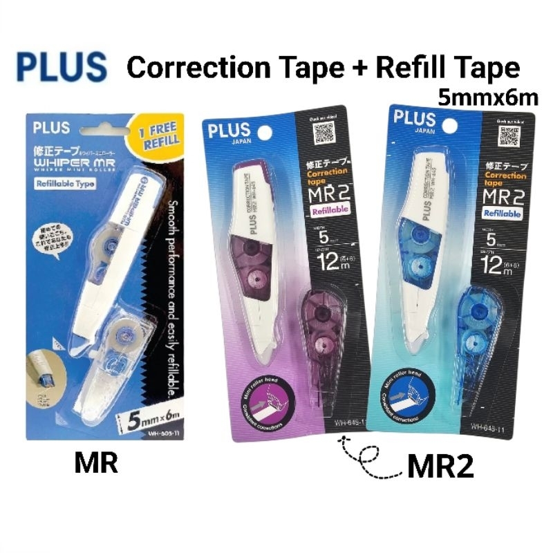 Plus เทปลบคำผิด+รีฟิล รุ่น MR (WH-605-11) / MR2 (WH-645-11) ขนาด 5มม.×6ม. Whiper mini roller (ราคาต่อ 1 แพ็ค)
