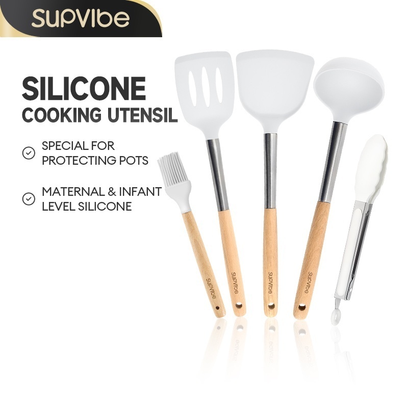 SUPVIBE ชุดเครื่องครัวชิลิโคน5ชิ้น ตะหลิวซิลิโคน ที่คีบอาหาร แปรงน้ำมัน ช้อน ตะหลิวทอด ทนความร้อน