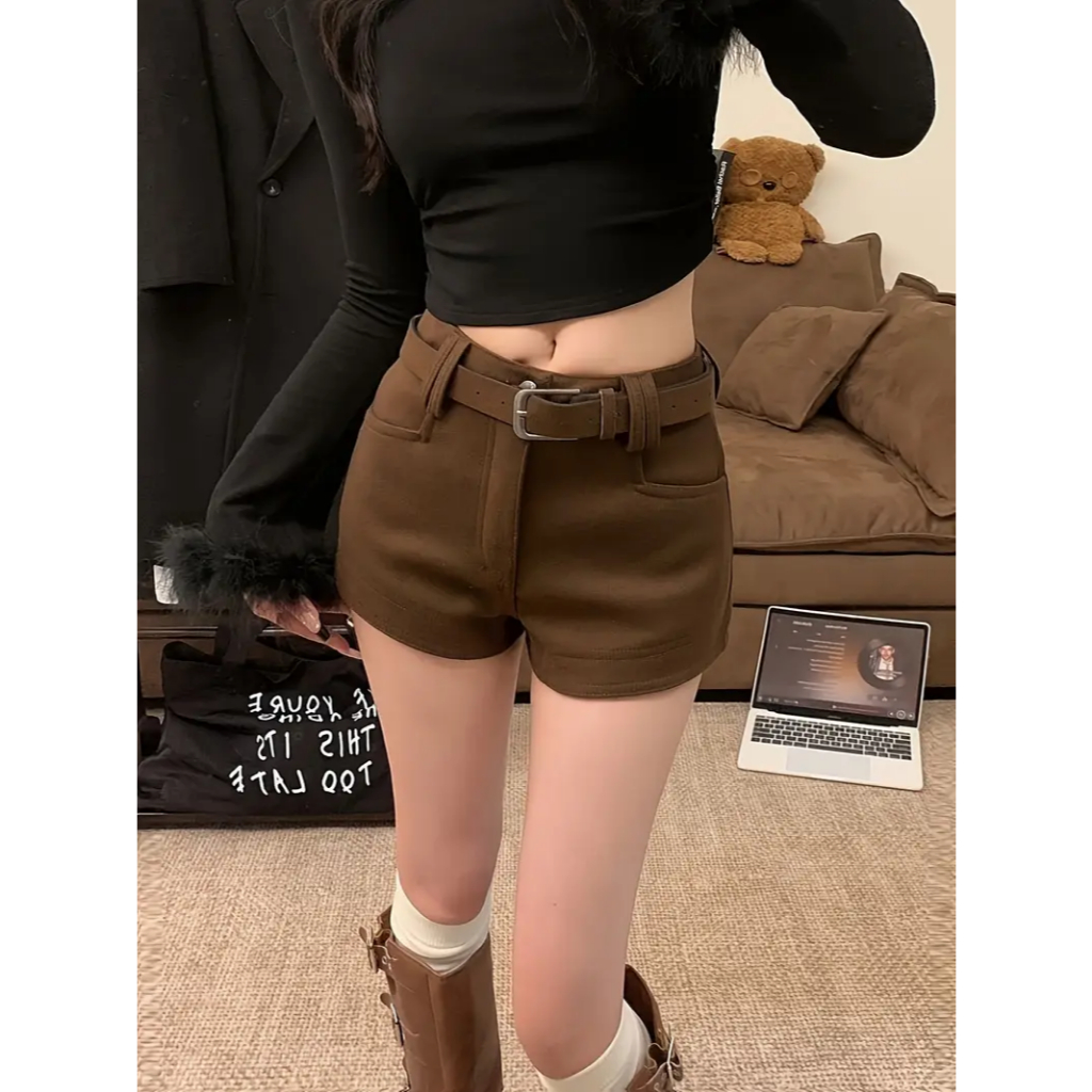🟤 กางเกงขาสั้นเอวสูง ผู้หญิง พร้อมเข็มขัด สไตล์เกาหลี เซ็กซี่ แฟชั่น ใส่เที่ยว ลำลอง (พร้อมส่ง)