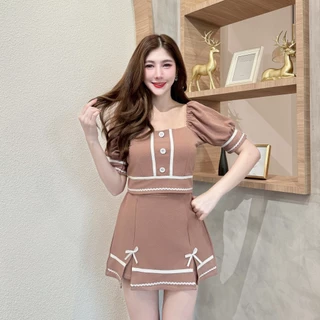สินค้าพร้อมส่ง ชุดเซตกางเกงกระโปรงผ้าวูลเวฟ เสื้อครอปสม็อคไหล่แต่งกระดุมหน้าแต่งกุ้น+กางเกงกระโปรงผ่าหน้าแต่งโบว์หน้า
