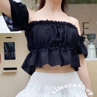 🔥aimorn_shop🔥เสื้อครอปปาดไหล่ ผ้าฉลุน่ารักๆ ผ้าใส่สบายมาก แมทช์ลุคคุณหนูสุดๆ