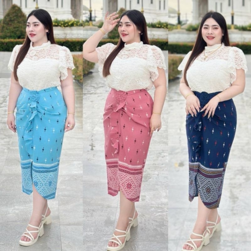 ชุดผ้าไทยประยุกต์ใส่ออกงาน2ชิ้นเสื้อกระโปรงงานบุญงานบวชงานพิธีการือดกฐินสาวอวบใส่สวยมาก