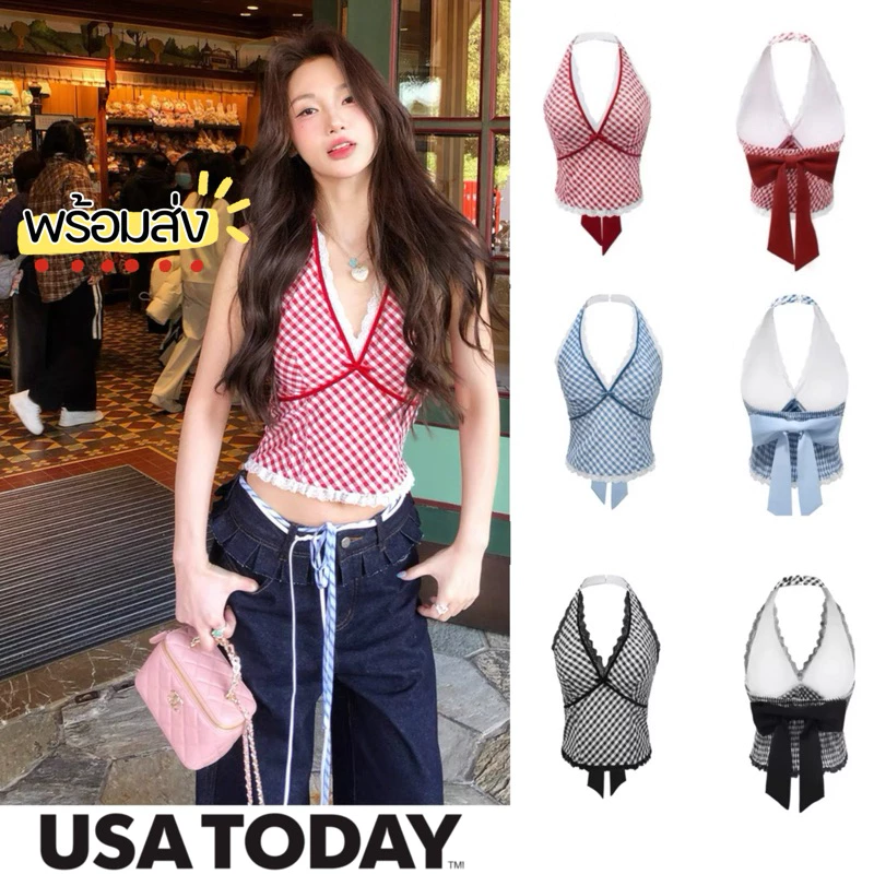 STR💗พร้อมส่ง💗เสื้อคล้องคอ เสื้อครอปลายสก๊อตแต่งลูกไม้ ผูกโบว์ใหญ่ด้านหลังสม็อคหลังแหวกหน้า น่ารักแซ่บๆ สไตล์เกาหลีY2K