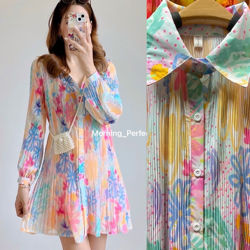 มินิเดรสอัดพลีท เดรสสั้น ผ้าชีฟอง ลายดอกไม้ ลายกราฟฟิก เกาหลีสุดๆ สาวอวบใส่ได้ - รูปที่ 4